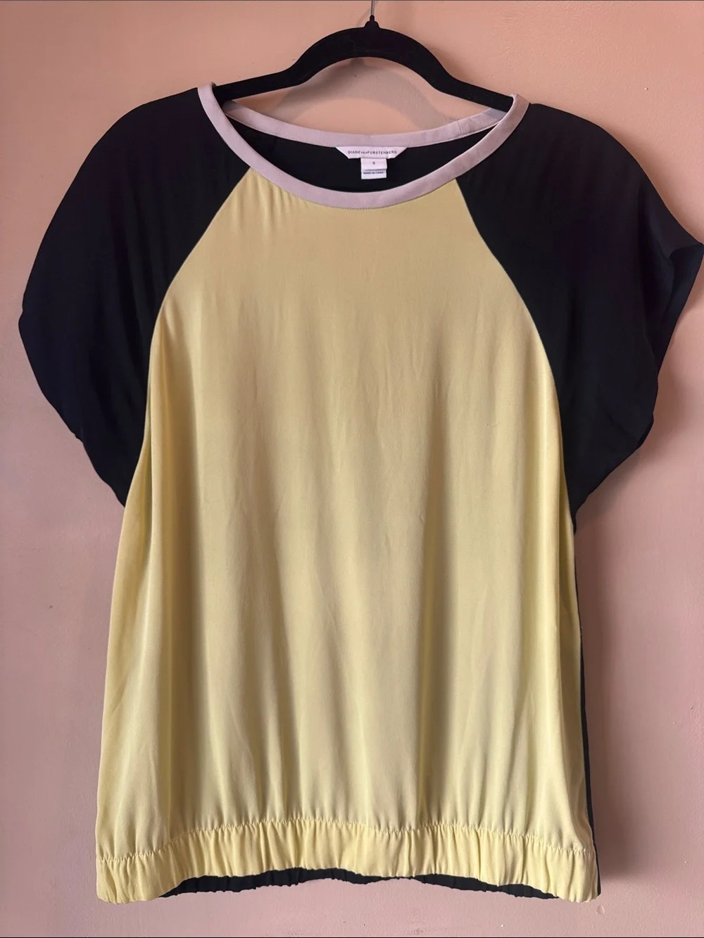 Diane Von Furstenberg Bright Yellow Silk Top with Black Raglan Sleeves